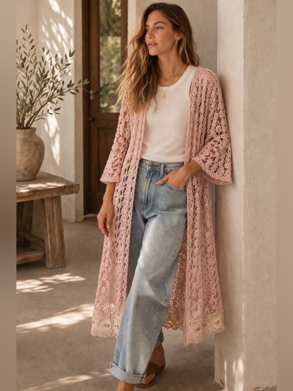 POL | Cotton Crochet Floral Open Duster | Blush Pink Lace | Free Size
